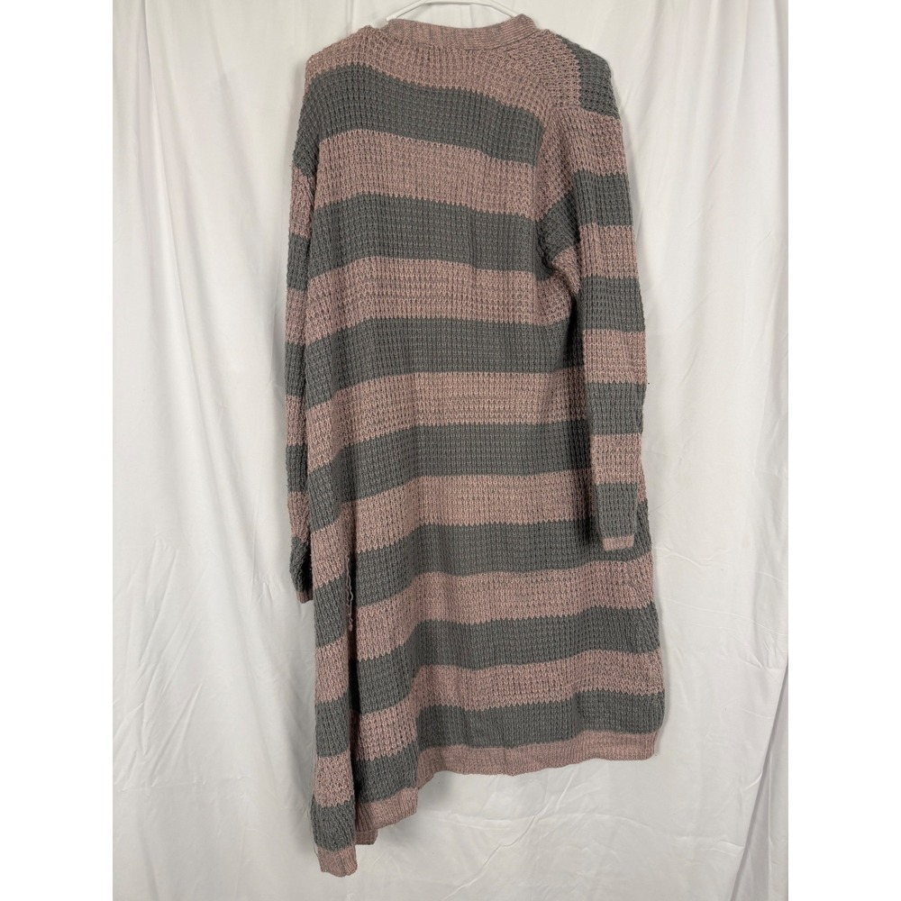 Massini Womens 1X Pink Grey Striped Waffle Knit Longline Open Front Cardigan - Picture 2 of 6